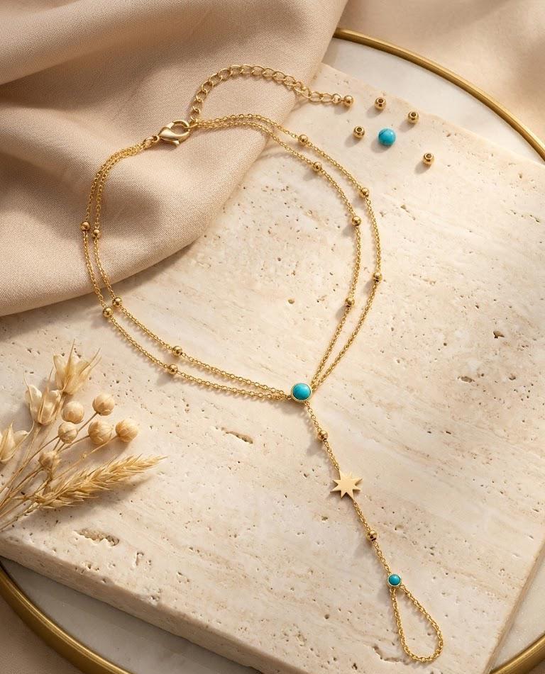 Gold Hand Chain Bracelet, Dainty Turquoise Star Charm, Boho Finger Harness Jewelry