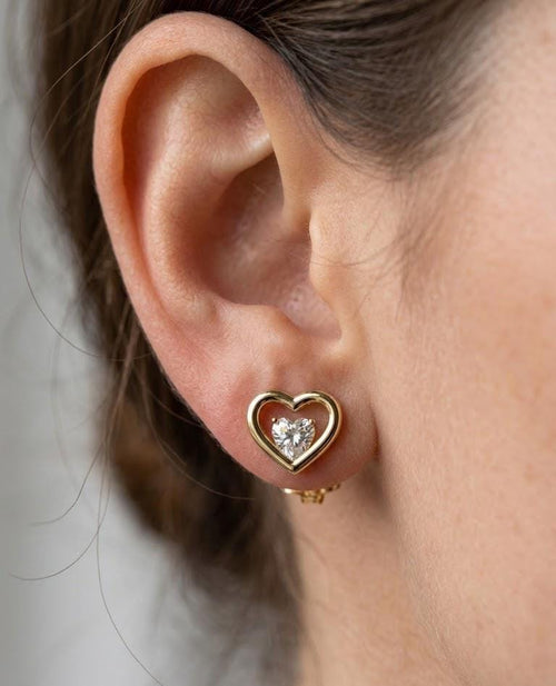 14K Gold Plated Heart Stud Earrings, Rose Quartz Crystal Dainty Love Studs
