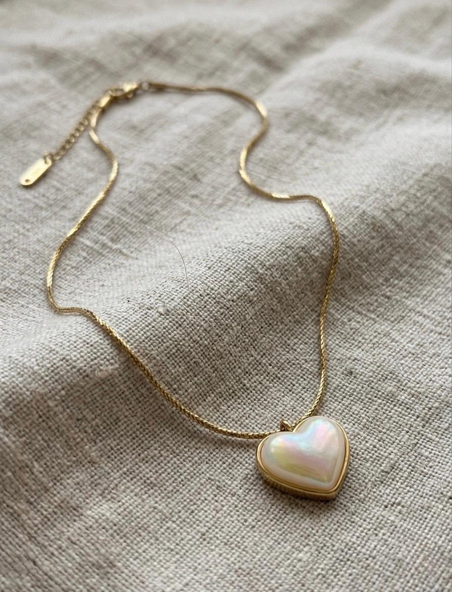 Mother of Pearl Heart Necklace, 14K Gold Plated Dainty Pendant, Romantic Love Jewelry