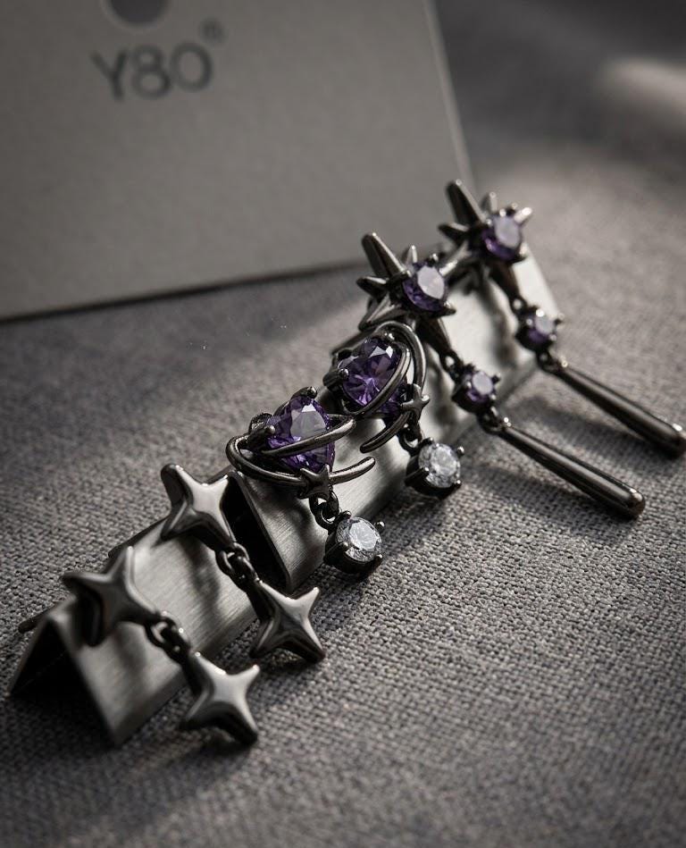 Gothic Amethyst Star Ear Cuff Earrings, Celestial Dangle Jewelry, Witchy Moon Style