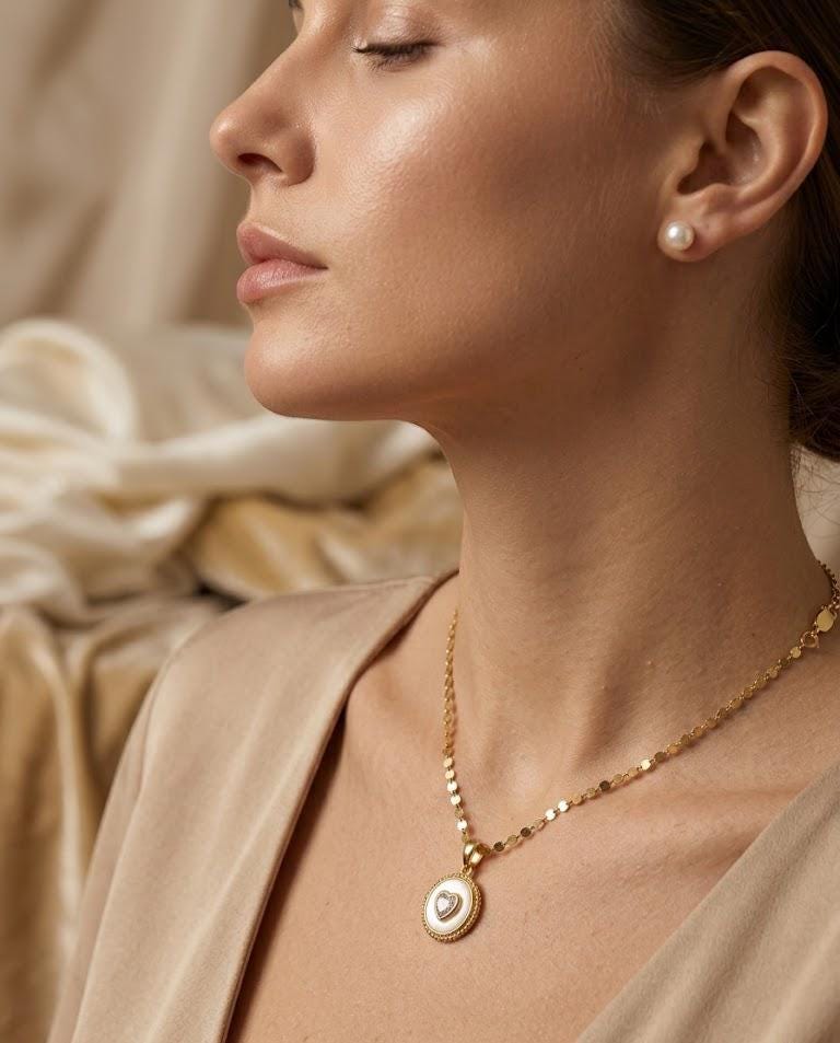 Mother of Pearl Heart Pendant Necklace, 14k Gold Plated, Dainty Romantic Jewelry