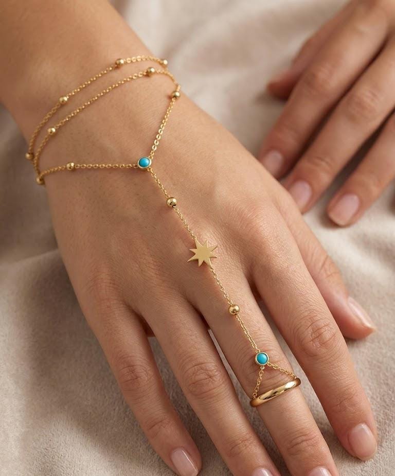 Gold Hand Chain Bracelet, Dainty Turquoise Star Charm, Boho Finger Harness Jewelry