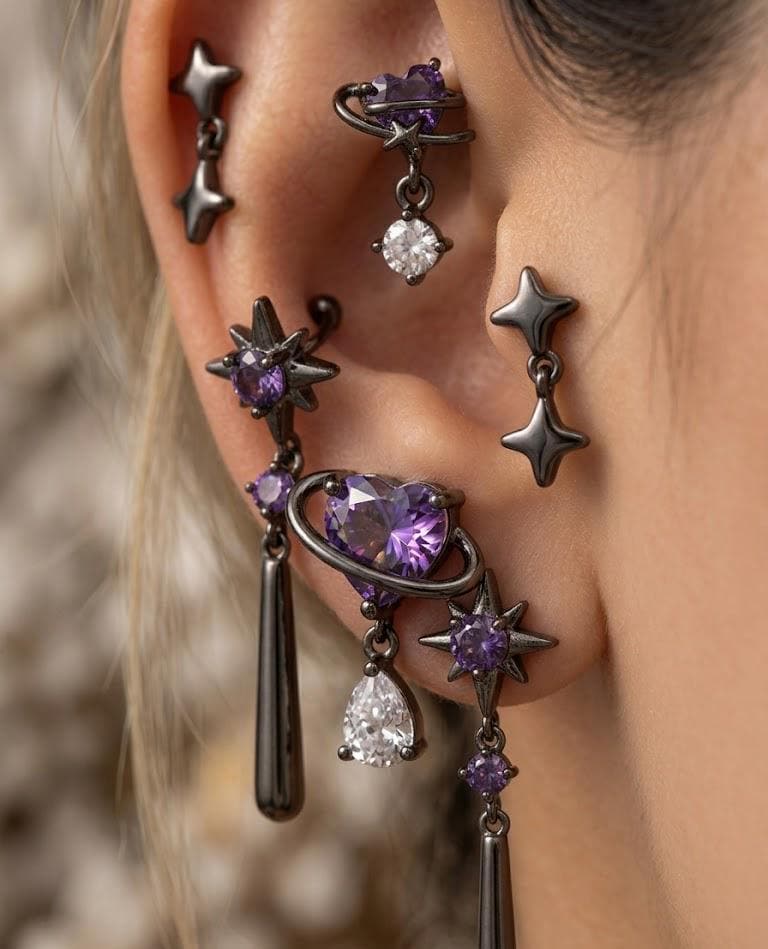 Gothic Amethyst Star Ear Cuff Earrings, Celestial Dangle Jewelry, Witchy Moon Style
