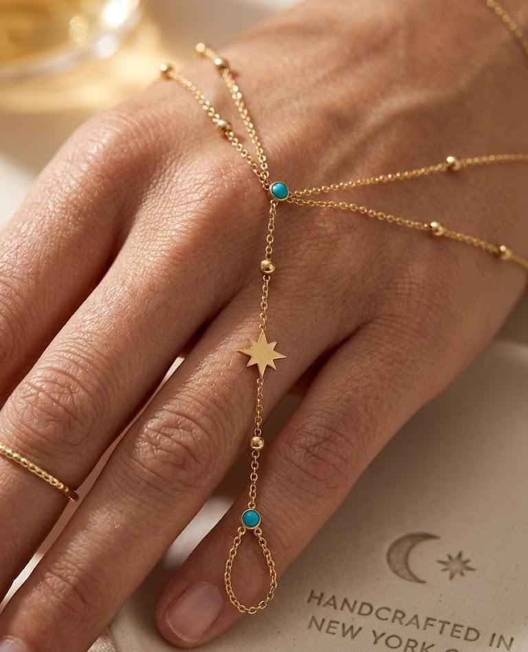 Gold Hand Chain Bracelet, Dainty Turquoise Star Charm, Boho Finger Harness Jewelry