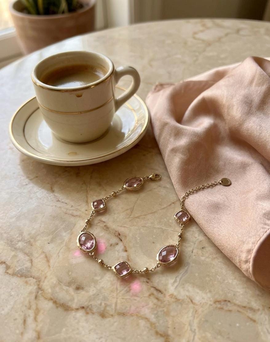 Gold Plated Rose Quartz Bracelet, Tarnish Free Waterproof Dainty Link Chain