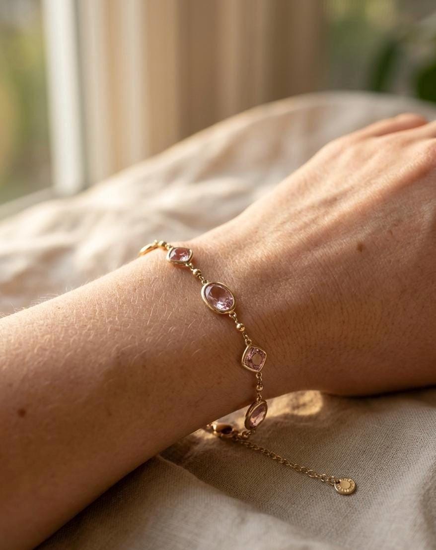 Gold Plated Rose Quartz Bracelet, Tarnish Free Waterproof Dainty Link Chain