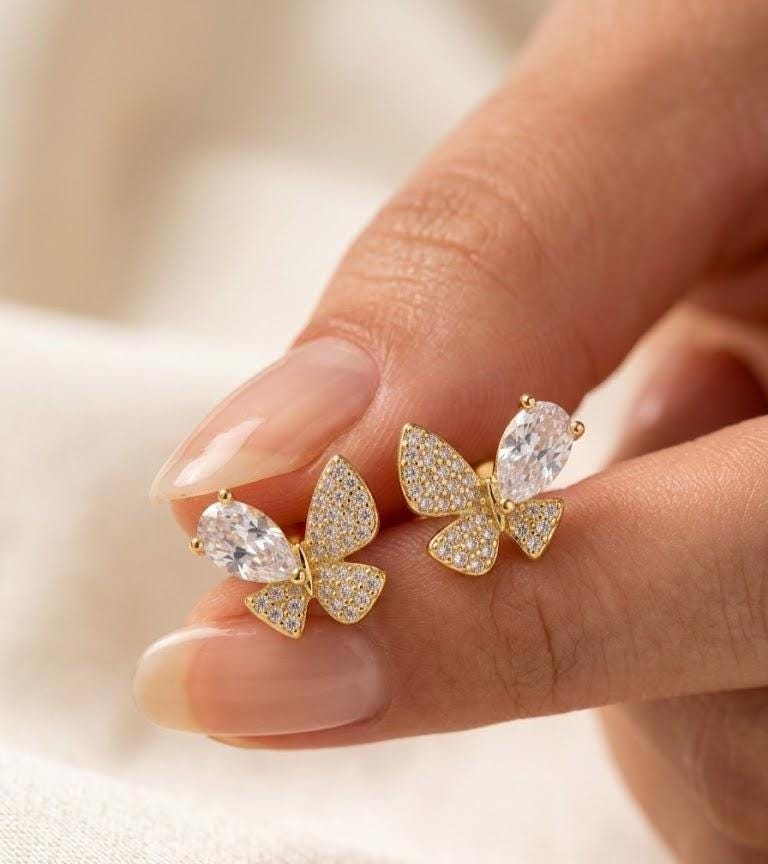 Gold CZ Butterfly Stud Earrings