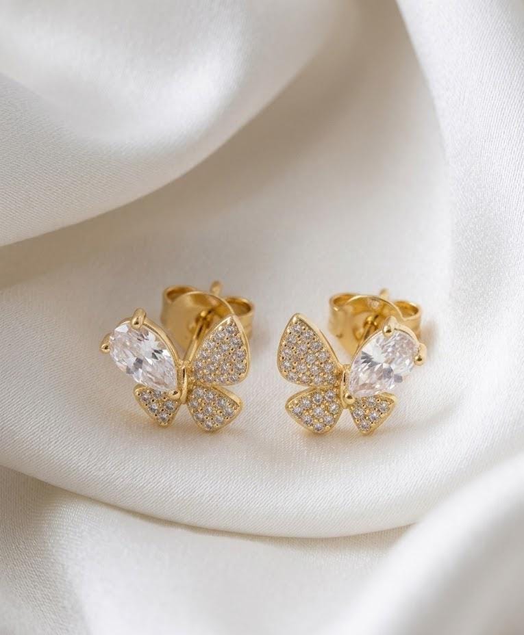 Gold CZ Butterfly Stud Earrings