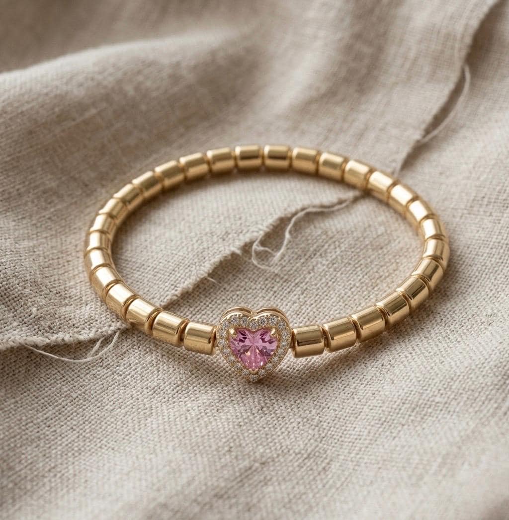 14K Gold Pink Heart Beaded Bracelet
