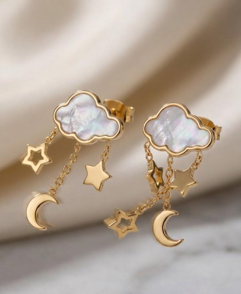 Gold Celestial Moon Star Dangle Earrings