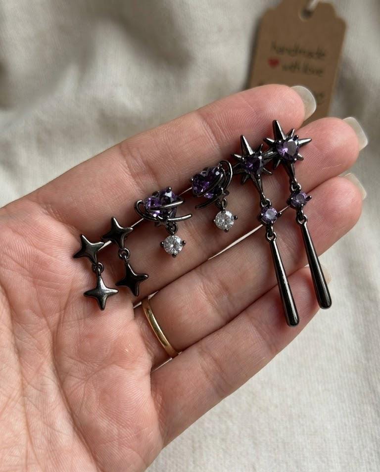 Gothic Amethyst Star Ear Cuff Earrings, Celestial Dangle Jewelry, Witchy Moon Style