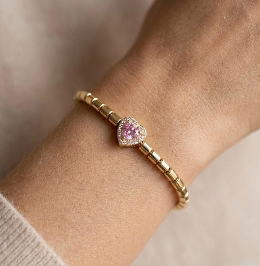 14K Gold Pink Heart Beaded Bracelet