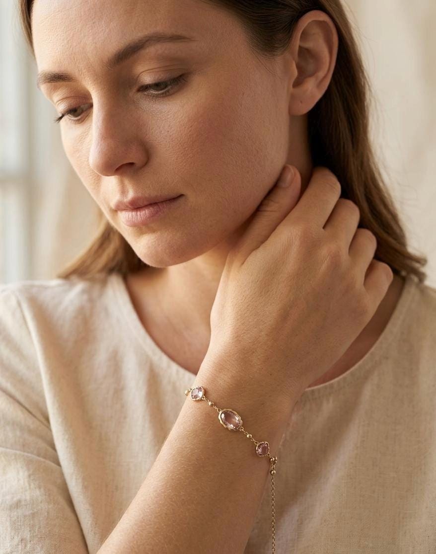 Gold Plated Rose Quartz Bracelet, Tarnish Free Waterproof Dainty Link Chain
