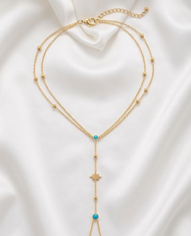 Gold Hand Chain Bracelet, Dainty Turquoise Star Charm, Boho Finger Harness Jewelry