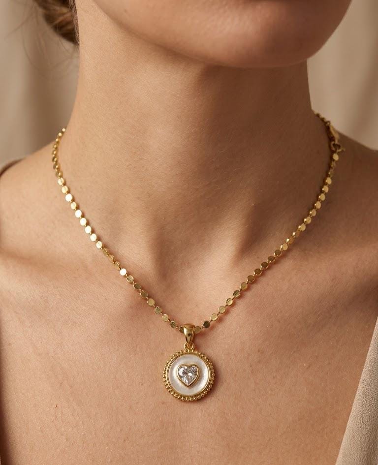 Mother of Pearl Heart Pendant Necklace, 14k Gold Plated, Dainty Romantic Jewelry