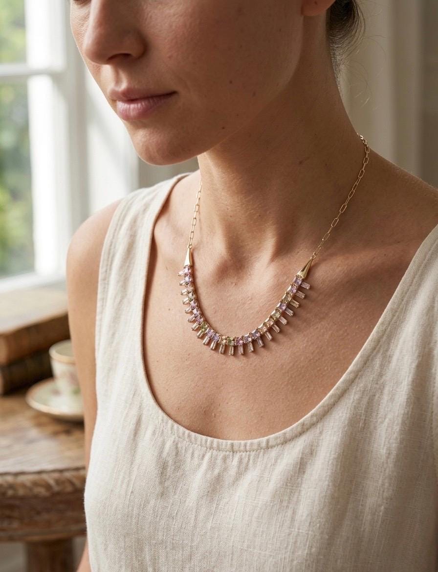 Pastel Rainbow Beaded Choker Necklace, 14K Gold Plated Layering Jewelry