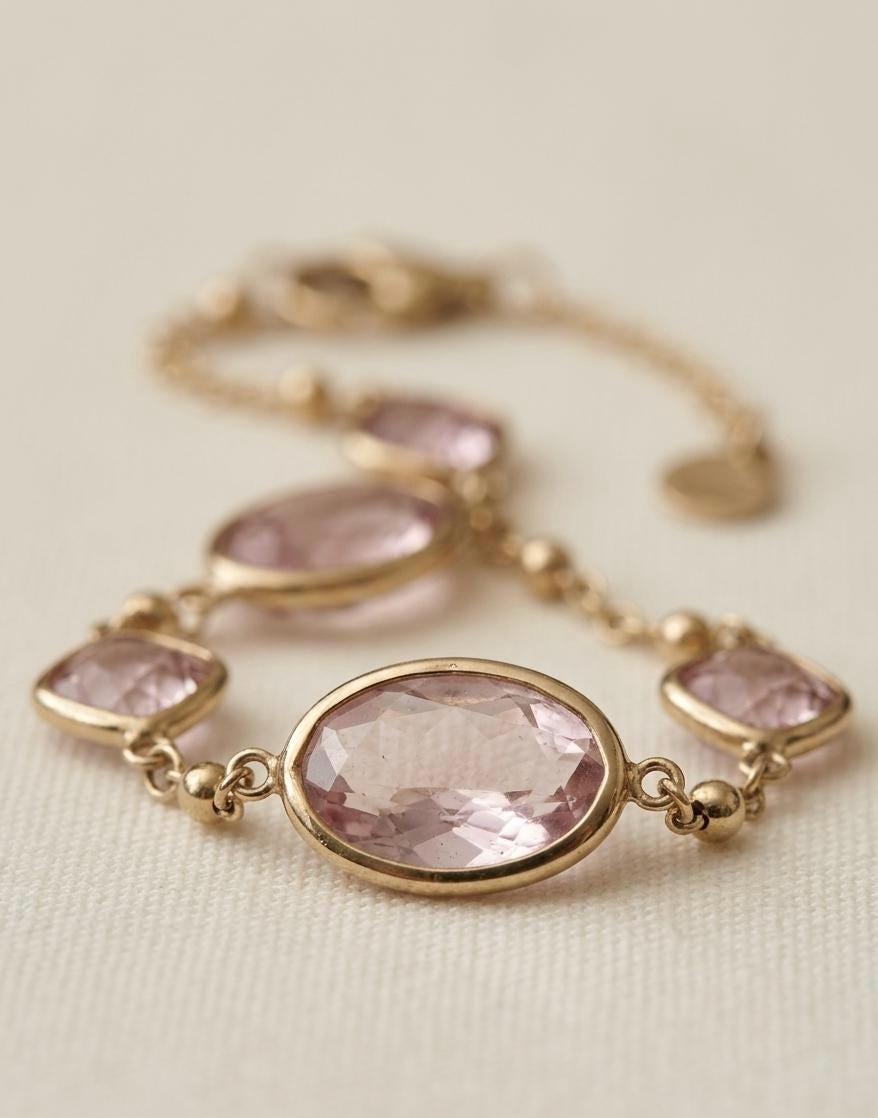 Gold Plated Rose Quartz Bracelet, Tarnish Free Waterproof Dainty Link Chain