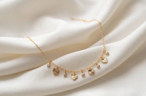 14K Gold Heart Charm Anklet, Dainty Sparkling Ankle Bracelet, Minimalist Boho Foot Jewelry
