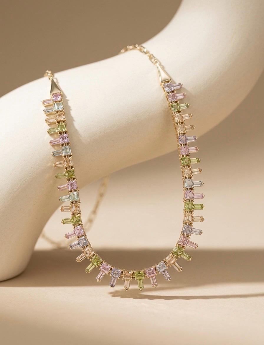 Pastel Rainbow Beaded Choker Necklace, 14K Gold Plated Layering Jewelry
