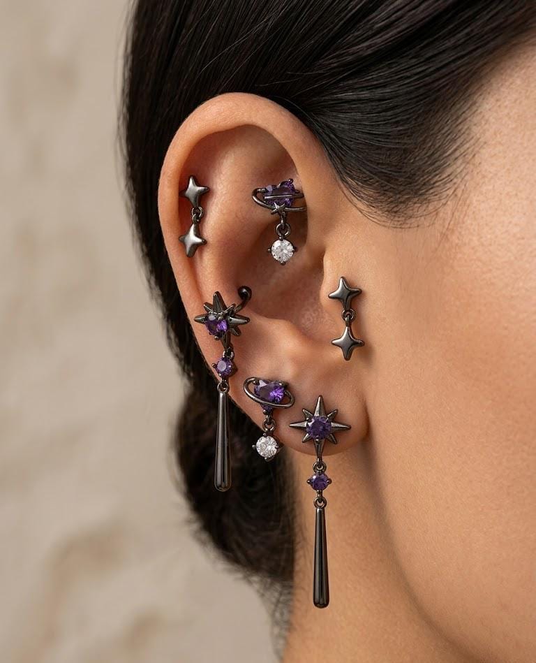 Gothic Amethyst Star Ear Cuff Earrings, Celestial Dangle Jewelry, Witchy Moon Style