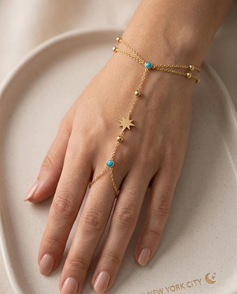 Gold Hand Chain Bracelet, Dainty Turquoise Star Charm, Boho Finger Harness Jewelry