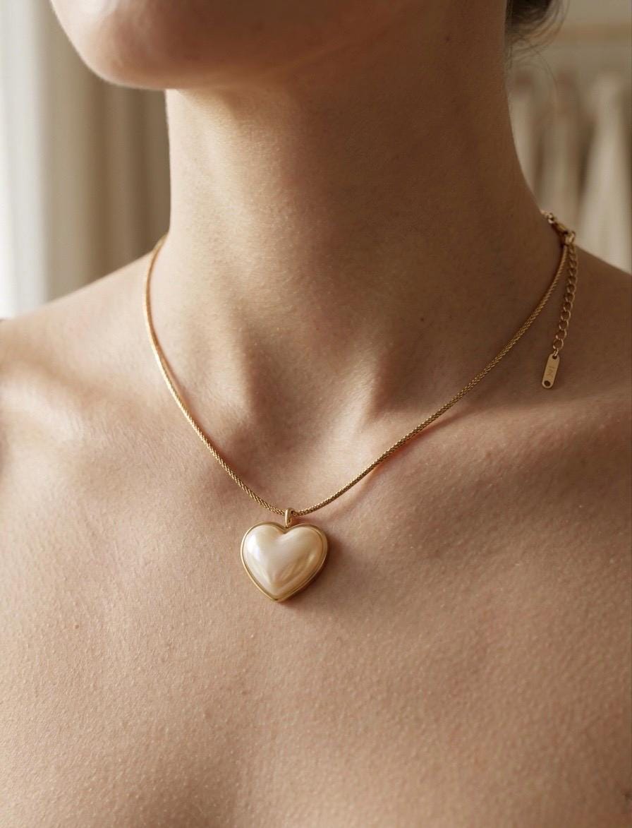 Mother of Pearl Heart Necklace, 14K Gold Plated Dainty Pendant, Romantic Love Jewelry