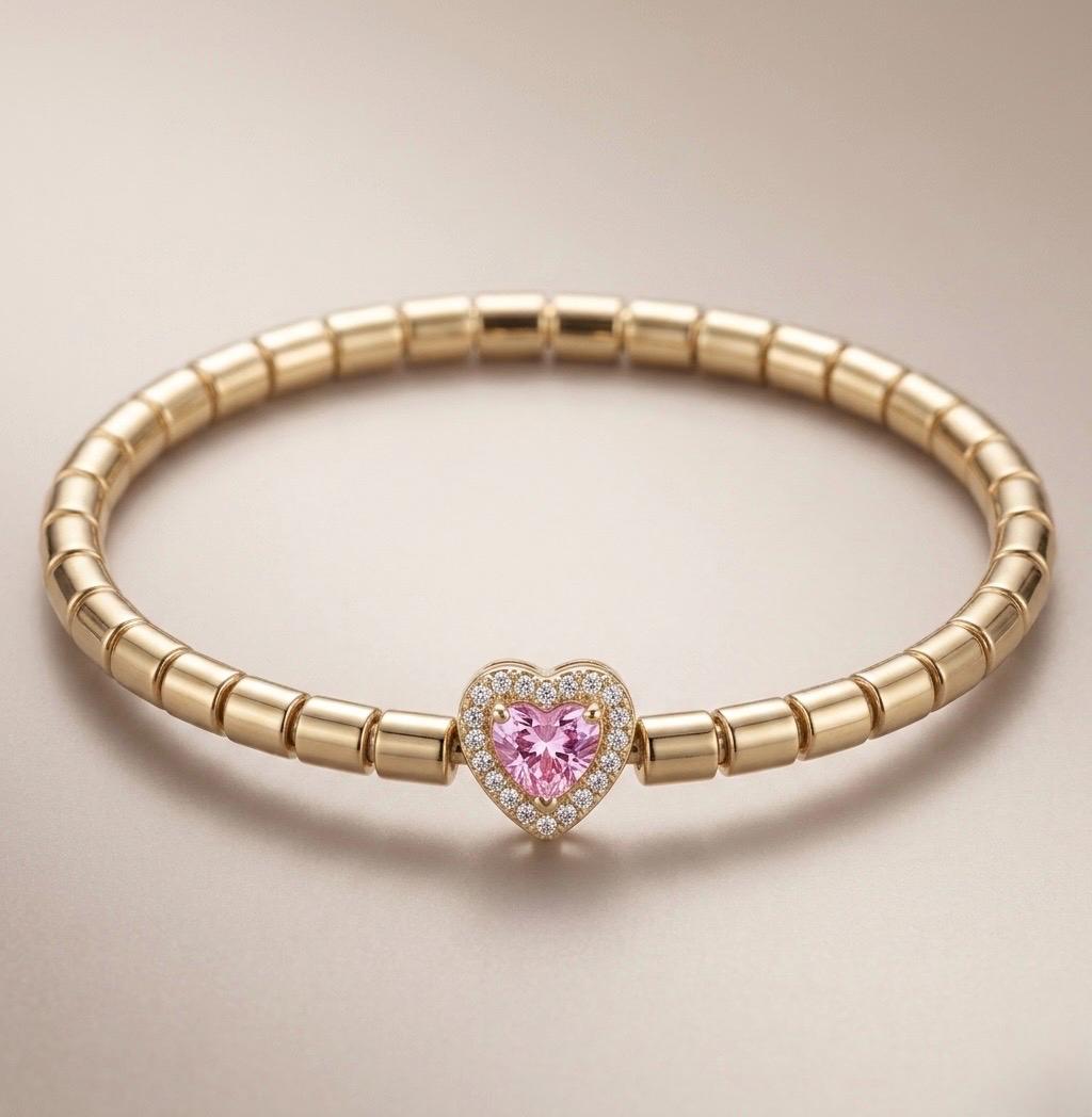 14K Gold Pink Heart Beaded Bracelet