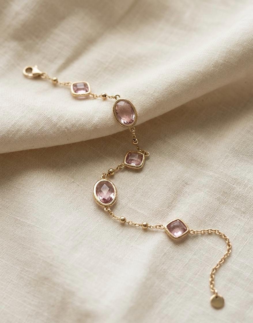 Gold Plated Rose Quartz Bracelet, Tarnish Free Waterproof Dainty Link Chain