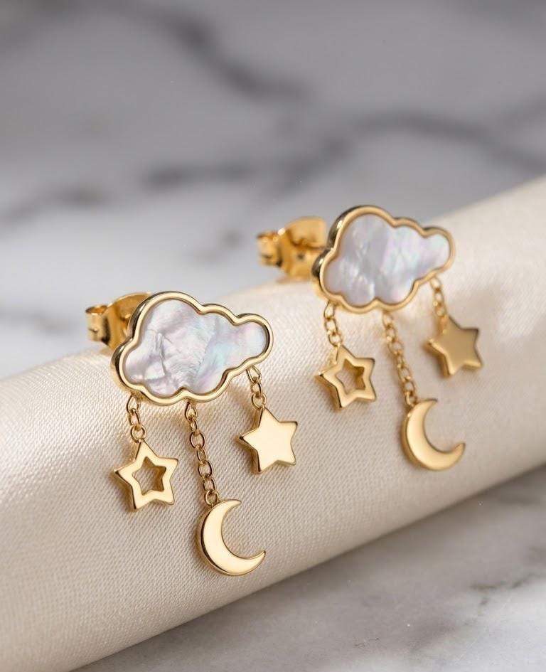 Gold Celestial Moon Star Dangle Earrings