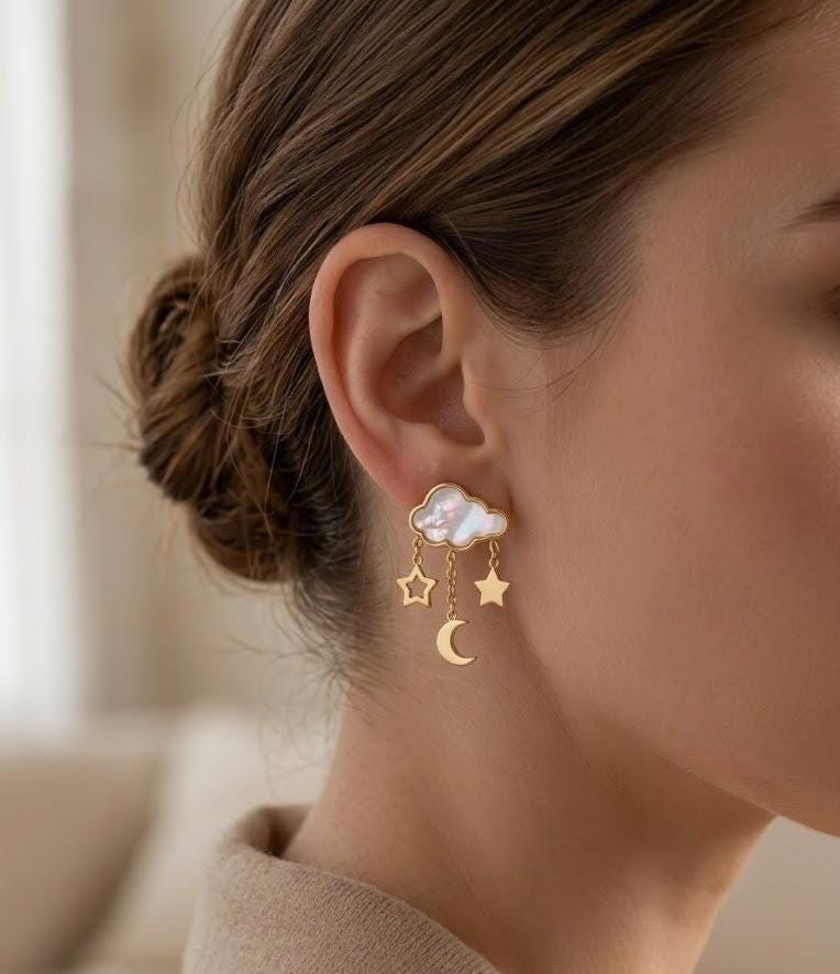 Gold Celestial Moon Star Dangle Earrings