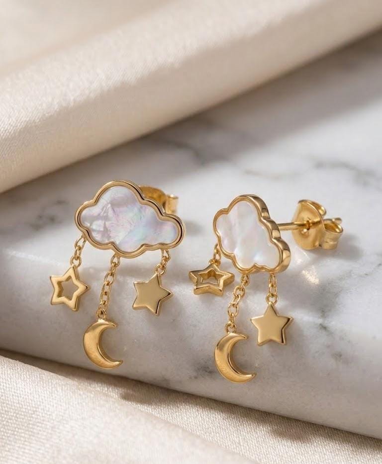 Gold Celestial Moon Star Dangle Earrings