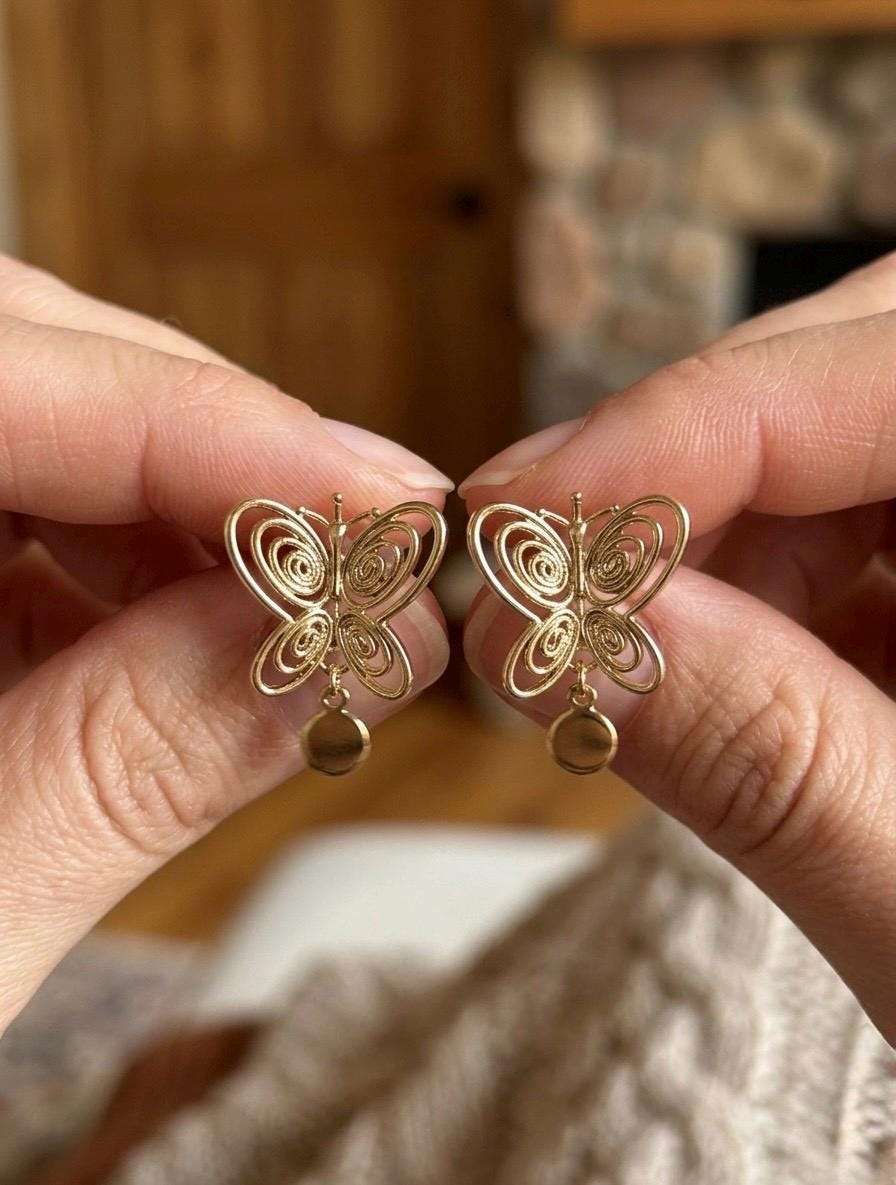 Gold Butterfly Dangle Drop Earrings
