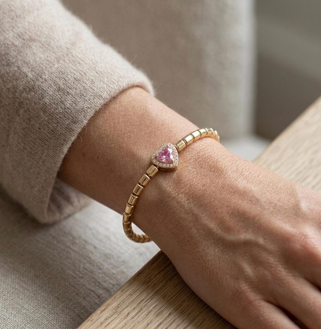 14K Gold Pink Heart Beaded Bracelet