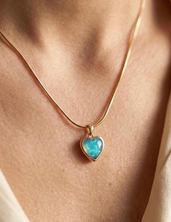 Turquoise Heart Pendant Necklace, 14K Gold Plated Dainty Layering Jewelry