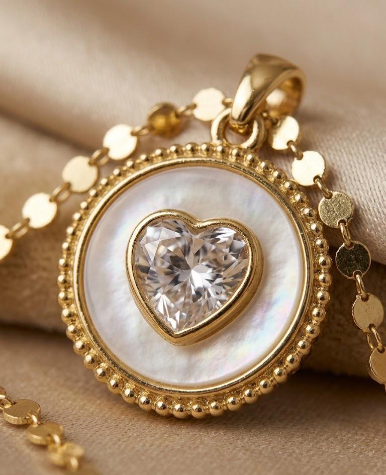 Mother of Pearl Heart Pendant Necklace, 14k Gold Plated, Dainty Romantic Jewelry