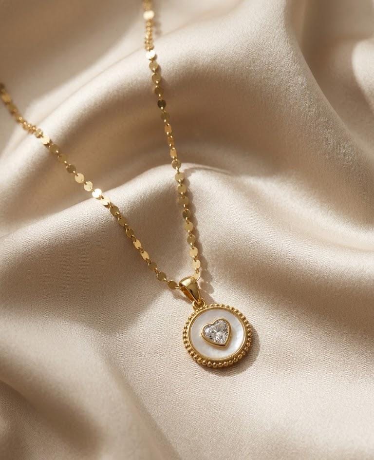 Mother of Pearl Heart Pendant Necklace, 14k Gold Plated, Dainty Romantic Jewelry