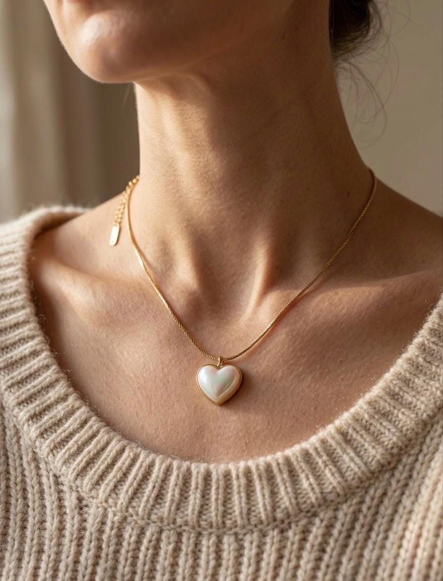 Mother of Pearl Heart Necklace, 14K Gold Plated Dainty Pendant, Romantic Love Jewelry