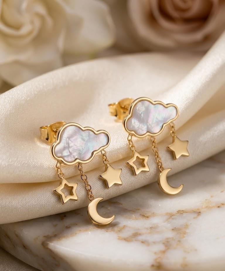 Gold Celestial Moon Star Dangle Earrings