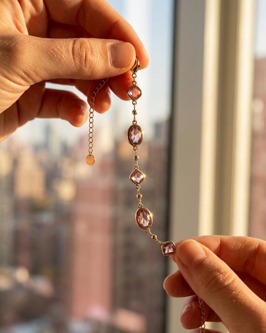 Gold Plated Rose Quartz Bracelet, Tarnish Free Waterproof Dainty Link Chain