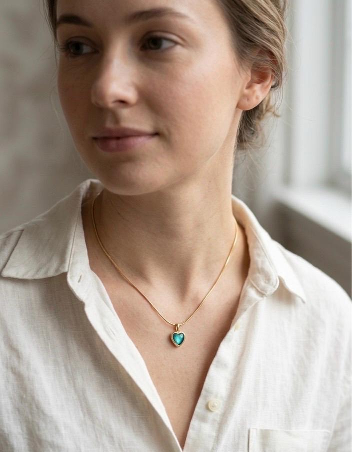 Turquoise Heart Pendant Necklace, 14K Gold Plated Dainty Layering Jewelry