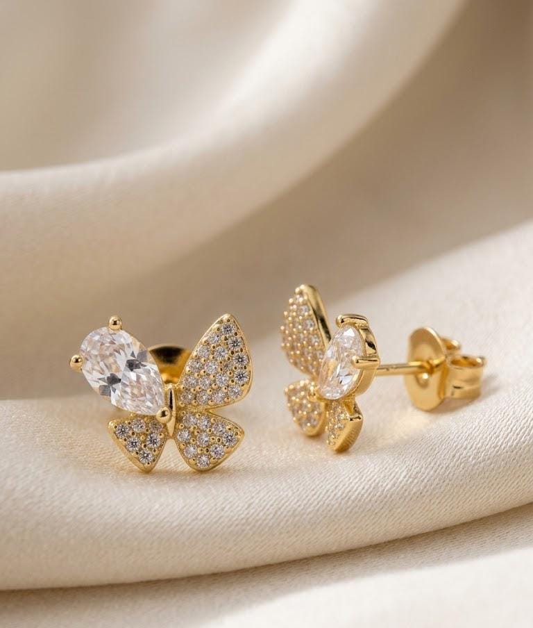 Gold CZ Butterfly Stud Earrings