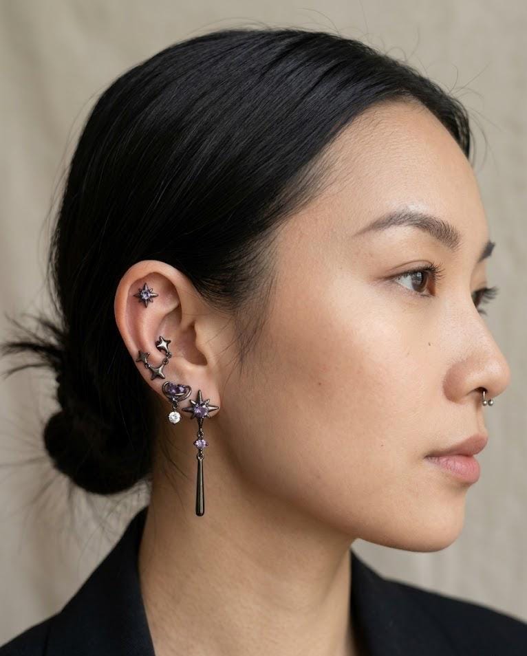 Gothic Amethyst Star Ear Cuff Earrings, Celestial Dangle Jewelry, Witchy Moon Style