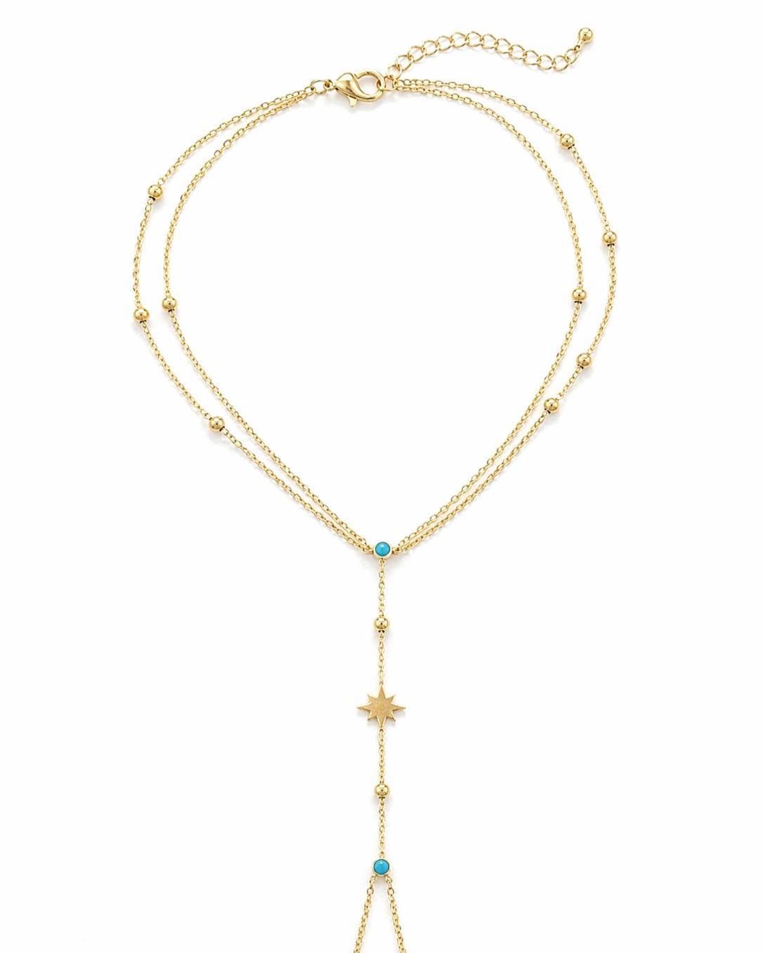 Gold Hand Chain Bracelet, Dainty Turquoise Star Charm, Boho Finger Harness Jewelry