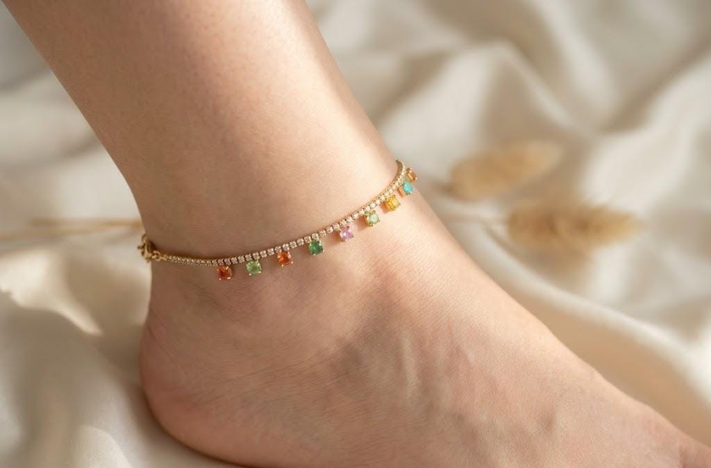 Colorful Gold Anklet Bracelet, Minimalist Rainbow Zircon Anklet, Dainty Beach Jewelry, Summer Anklet for Women, Vacation Jewelry Gift