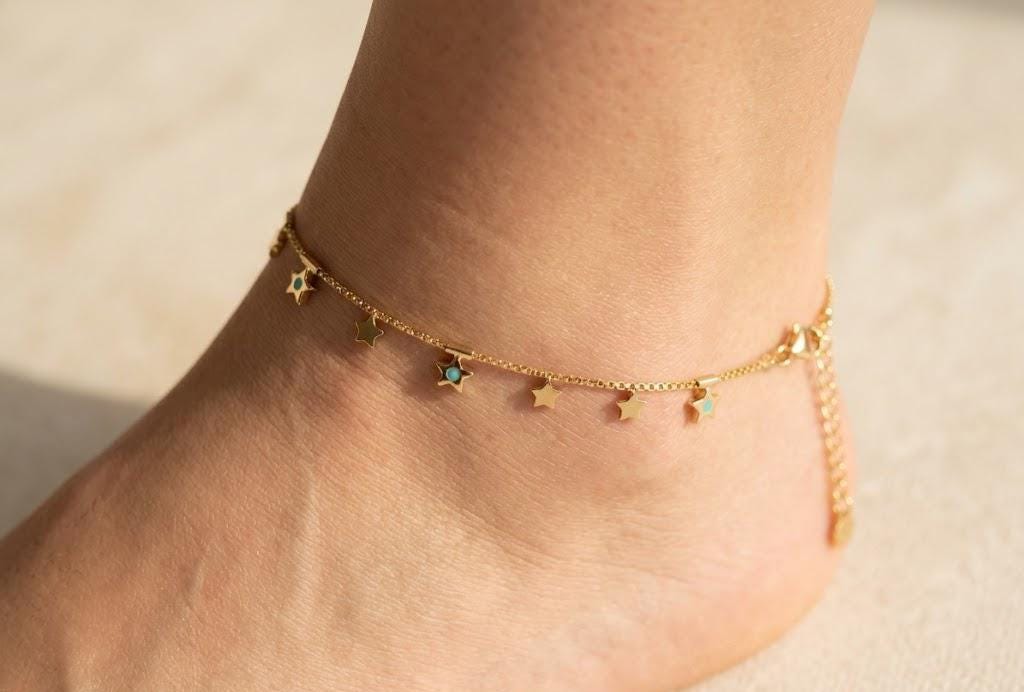 Luxury Gold Star Anklet, Turquoise Enamel Anklet, Dainty Beach Anklet, Minimal Gold Anklet, Summer Jewelry, Cute Star Charm Anklet