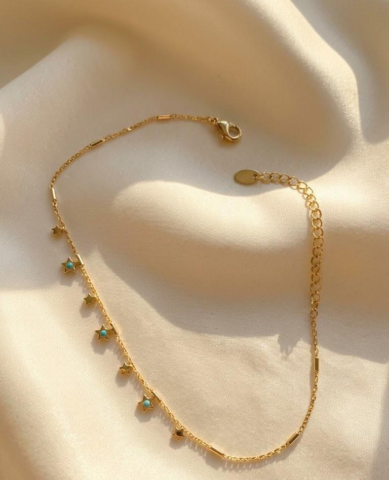 Luxury Gold Star Anklet, Turquoise Enamel Anklet, Dainty Beach Anklet, Minimal Gold Anklet, Summer Jewelry, Cute Star Charm Anklet