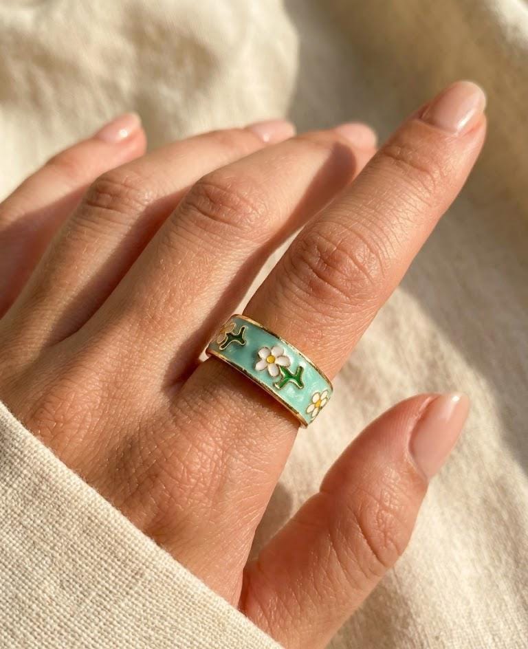 Turquoise Daisy Ring Adjustable Gold Enamel Flower Ring Cottagecore Jewelry Cute Aesthetic Gift for Women
