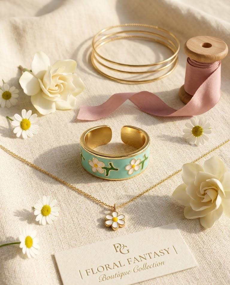 Turquoise Daisy Ring Adjustable Gold Enamel Flower Ring Cottagecore Jewelry Cute Aesthetic Gift for Women