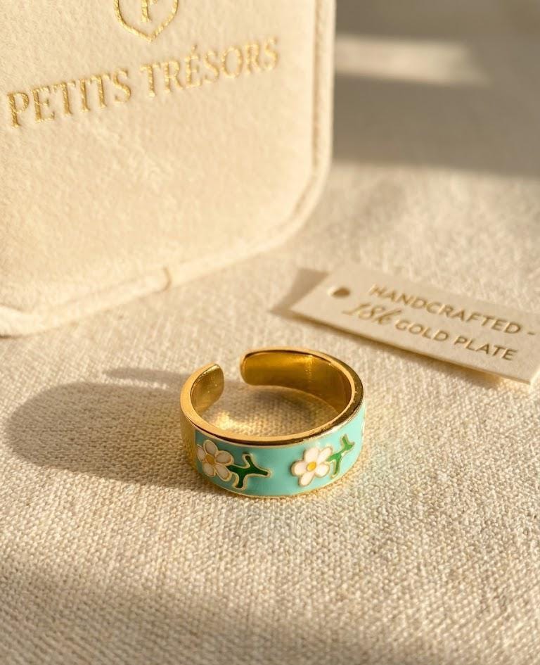 Turquoise Daisy Ring Adjustable Gold Enamel Flower Ring Cottagecore Jewelry Cute Aesthetic Gift for Women