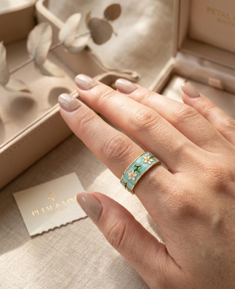 Turquoise Daisy Ring Adjustable Gold Enamel Flower Ring Cottagecore Jewelry Cute Aesthetic Gift for Women